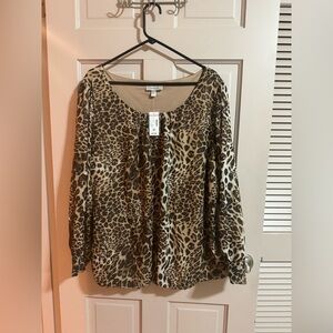 Dressbarn Womens Plus Size Animal Print Top 3X Long Sleeve Keyhole Neck NWT